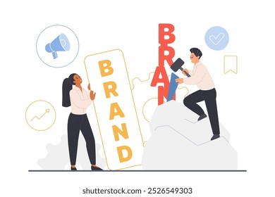 Brand identity creation, product advertising and company development strategy. Tiny people of PR team create brand word, make letters from stone with sculptors tools cartoon vector illustration