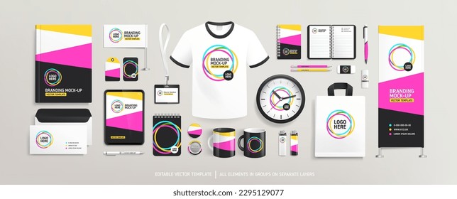 Brand Identity design with Company Promotional souvenirs and stationery Mock-up template. Corporate style mock-up set. Promotion AD vertical banner. Editable vector template 