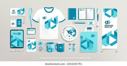 Brand Identity design concept on Promotional souvenirs and stationery items. Editable vector Stationery mock-up template. Corporate style presentation mock-up set. Promotional AD banner