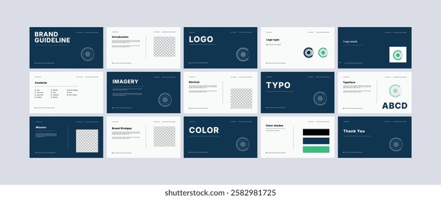 Brand identity design template. Complete Brand Guidelines Template, Creative guidelines layout, presentation, Logo and brand strategy guide, Logo guideline book.