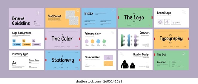 Brand identity design template. Creative brand guidelines layout. Logo strategy guide. Brand manual presentation. Brand strategy design. Logo guideline book.