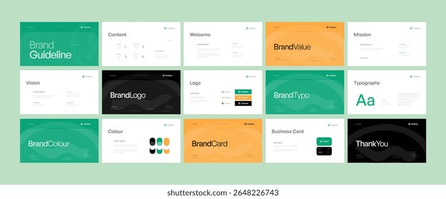 Modelo de design de identidade de marca. Layout de diretrizes de marca criativas. Logotipo e guia de estratégia de marca. Apresentação manual da marca. Design estratégico da marca. Guia de logotipos