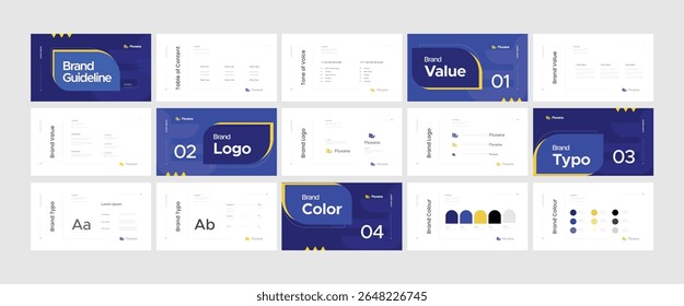 Modelo de design de identidade de marca. Layout de diretrizes de marca criativas. Logotipo e guia de estratégia de marca. Apresentação manual da marca. Design estratégico da marca. Guia de logotipos