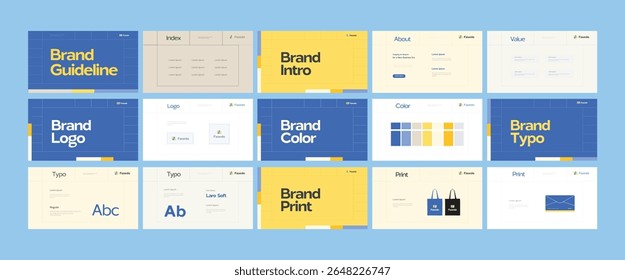 Modelo de design de identidade de marca. Layout de diretrizes de marca criativas. Logotipo e guia de estratégia de marca. Apresentação manual da marca. Design estratégico da marca. Guia de logotipos