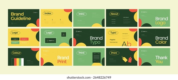 Modelo de design de identidade de marca. Layout de diretrizes de marca criativas. Logotipo e guia de estratégia de marca. Apresentação manual da marca. Design estratégico da marca. Guia de logotipos