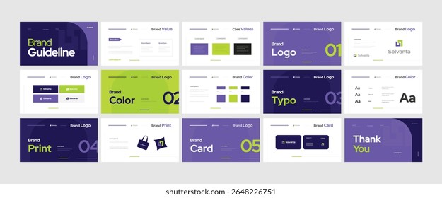 Modelo de design de identidade de marca. Layout de diretrizes de marca criativas. Logotipo e guia de estratégia de marca. Apresentação manual da marca. Design estratégico da marca. Guia de logotipos