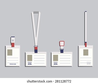 Brand identity elements - Lanyard, name tag holder and badge templates. Football 2016 style. The national colors of France design. Isolated on bright background. Vector illustration