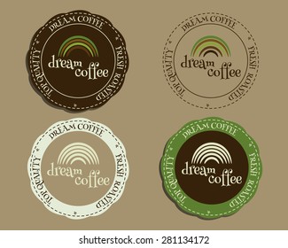 Brand identity elements - logo templates and badges. For cafe, restaurant and other food business. With Green coffee, dream rainbow logo design. Vector illustration