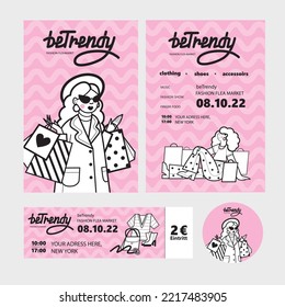 Brand Identity For Fashion Flea Market.  Set includes Design of Two Posters, one Ticket and one Sticker, Logotype. Beautiful fashion illustrations.