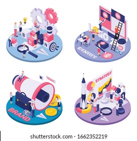 Brand Identity As Goals Achieving Strategy Concept 4 Circular Isometric Compositions Logo Creating Collaboration Symbols Vector Illustration 