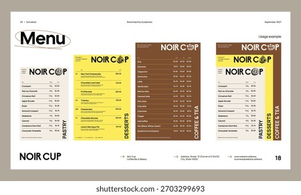 Markenidentitätsrichtlinien-Vorlage zur Erstellung einer visuellen Identität Ihres Unternehmens. Vorlage für Café, Bäckerei, Restaurant.