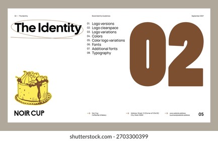 Markenidentitätsrichtlinien-Vorlage zur Erstellung einer visuellen Identität Ihres Unternehmens. Vorlage für Café, Bäckerei, Restaurant.