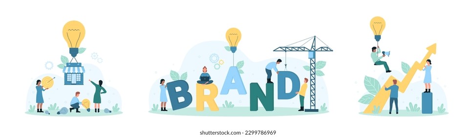 Brand identity, marketing campaign set vector illustration. Cartoon team of tiny people building word brand with construction crane, holding growing profit arrow, house flying on light bulb balloon