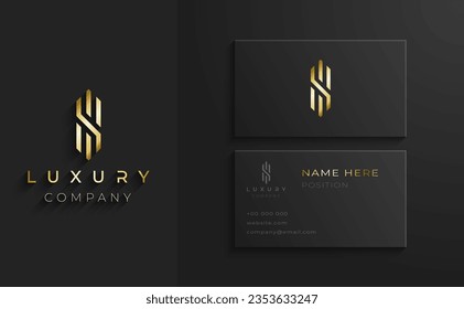 Brand Identity Mockup with Business card and corporate logo for your unique company. Golden Symbol with visual template. Letter S Logotype with minimal abstract design.