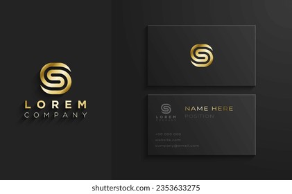 Brand Identity Mockup with Business card and corporate logo for your unique company. Golden stamp style Symbol with visual template. Letter S Logotype with negative space design.