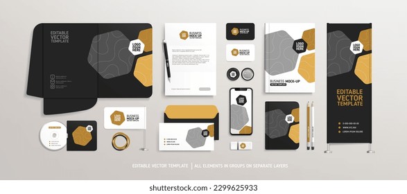Brand Identity Mock-Up set with black and brown abstract design concept on Stationery. Business  stationary mockup template of office items, vertical promotional banner, business brochure cover, etc