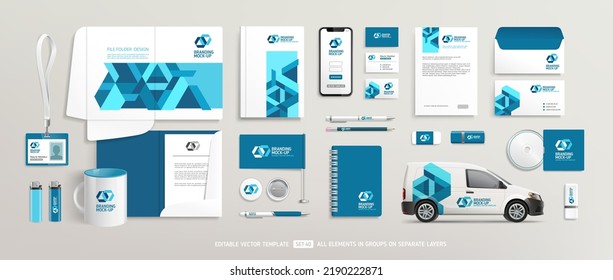 Brand Identity Mock-Up of stationery set with blue abstract geometric design. Business office stationary mockup template of File folder, annual report, van car, brochure, corporate mug