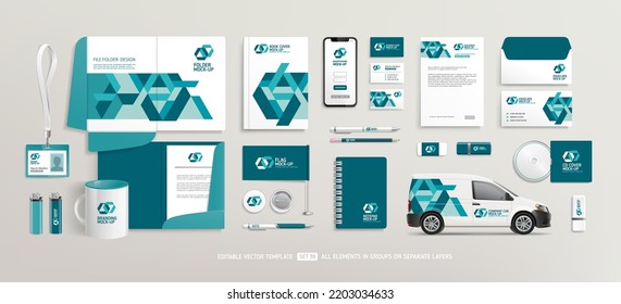 Brand Identity Mock-Up of stationery set with  abstract geometric design. Business office stationary mockup template of File folder, annual report, van car, brochure, corporate mug