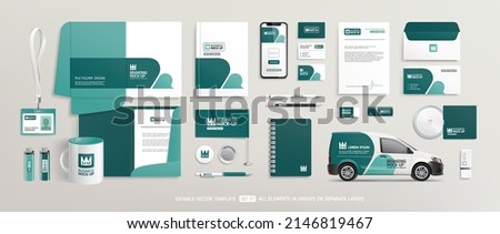 Brand Identity Mock-Up of stationery set with green and white abstract geometric design. Business office stationary mockup template of File folder, annual report, van car, brochure, corporate mug