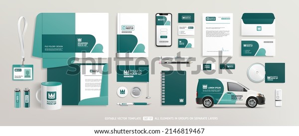 Brand Identity Mock-Up of stationery set with green\
and white abstract geometric design. Business office stationary\
mockup template of File folder, annual report, van car, brochure,\
corporate mug