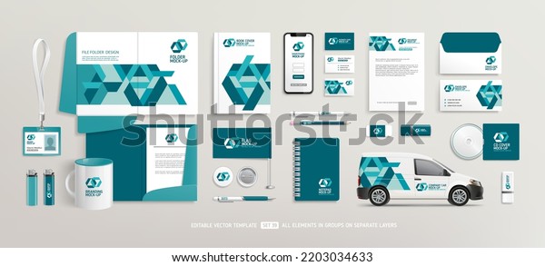 Brand Identity
Mock-Up of stationery set with  abstract geometric design. Business
office stationary mockup template of File folder, annual report,
van car, brochure, corporate
mug