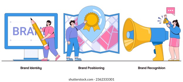 Brand identity, positioning and recognition concept with character. Brand management abstract vector illustration set. Brand equity, loyalty and differentiation metaphor.