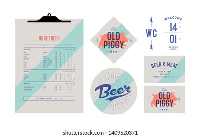 Brand identity set for Beer Bar, Pub. Old school vintage label, logo, print sticker, template menu, business card, coaster, sign opening hours, icon wc for bar, pub and cafe. Vector Illustration