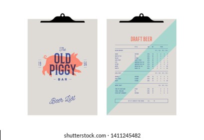 Brand identity set for Beer Bar, Pub. Old school vintage label, logo, template menu with cover and text list template. Vintage graphic clipboard menu for bar, cafe, restaurant. Vector Illustration