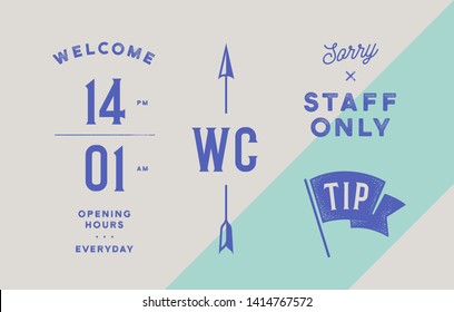 Brand identity set for Beer Bar, Pub. Old school vintage sign opening hours, icon wc with arrow, sign Staff Only and flag Tip. Vintage graphic set for bar, pub, restaurant or cafe. Vector Illustration