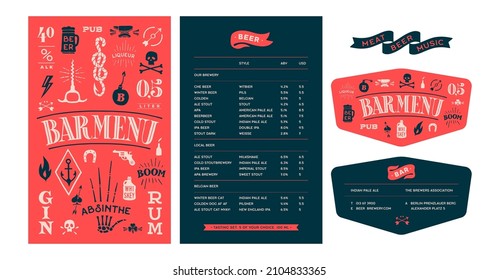 Brand identity set for Beer Bar, Pub. Old school vintage template menu with cover and text list template, business card. Vintage graphic element menu, card for bar, pub. Vector Illustration