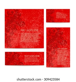 Brand identity set made of set of template with red color scheme, blended  grungy  swirls on background  for cd cover, flyer design, visit card and header for website. 