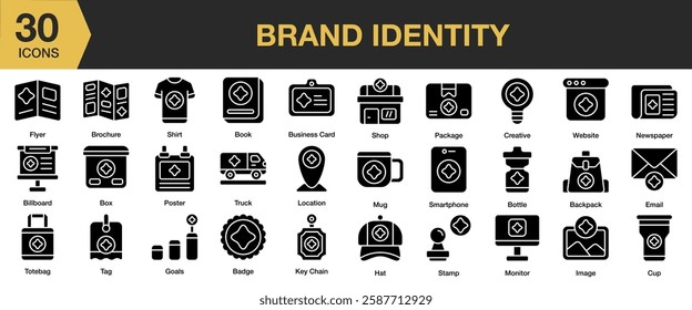 Brand Identity solid icon set. Includes presentation, identity, corporate, business, brand, and More. Solid icons vector collection.