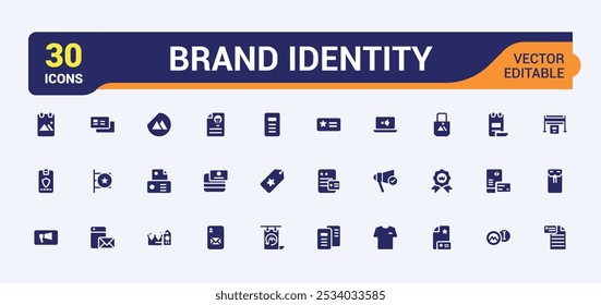 Colección de iconos sólidos de identidad de marca. Relacionado con la estrategia de marca, logotipo, identidad, marketing, negocio y promoción. Conjunto mínimo de iconos rellenos. Editable y píxel perfecto.