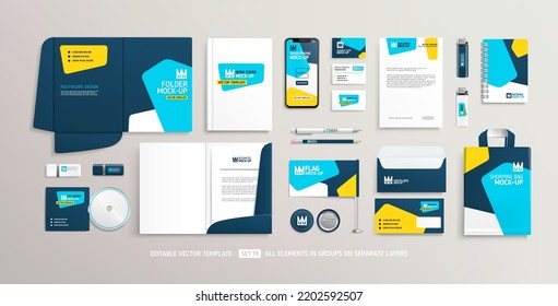 Brand Identity Stationery Mock-Up Set. Business Office Stationary Mockup Of File Folder, Annual Report. Business Brochure Cover. Tablet Display. Advertising Promo Elements. Editable Vector Template