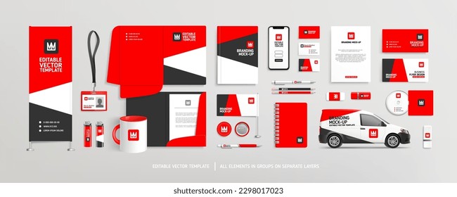 Brand Identity stationery Mock-Up set with red and black abstract design concept. Branding stationery mockup template of vertical banner, flyer, promotional car, A4 brochure, etc. Editable vector