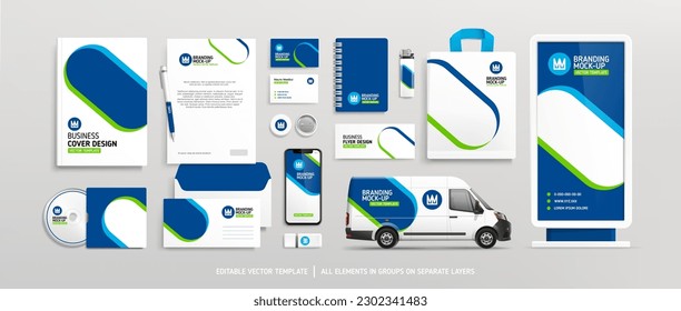 Brand Identity stationery Mock-Up set with Blue and Green geometric design concept. Branding stationery mockup template of street AD banner, promotional van car, business flyer. Editable vector