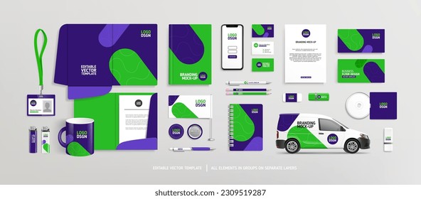 Brand Identity of stationery Mock-Up set with green and purple abstract geometric design. Branding stationery mockup template of File folder, annual report, business flyer, brochure. Editable vector
