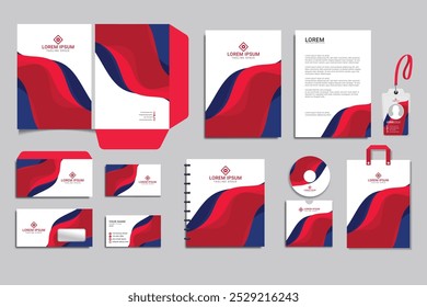 Brand Identity stationery Mock-Up set with red and black abstract design concept. Branding stationery mockup template of vertical banner, flyer, promotional car, A4 brochure, etc. Editable vector