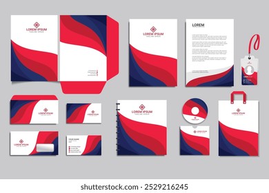 Brand Identity stationery Mock-Up set with red and black abstract design concept. Branding stationery mockup template of vertical banner, flyer, promotional car, A4 brochure, etc. Editable vector