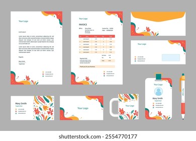 Brand Identity stationery Mock-Up set with red and black abstract design concept. Branding stationery mockup template of vertical banner, flyer, promotional car, A4 brochure, etc. Editable vector