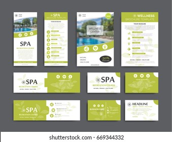 Brand identity template collection. Set for recreation, spa, wellness  and heath care topics. Available for flyer, brochure, banner and business cards design.