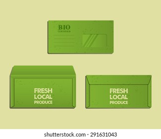 Brand identity template. Envelope. Front, back sides and open. With organic, farm fresh, Eco keywords. Green and ecology design. Best for natural products company, shop. Vector illustration