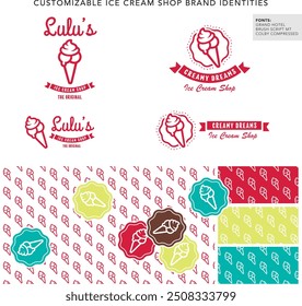 BRAND IDENTITY template for an ice cream company or shop. You can customize it with your own company name by downloading the free fonts used for the design.