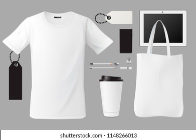 Brand identity template set business branding corporate mockup design, t-shirt, bag, coffee cup, tags, pen, card,  touch screen device, vector illustration isolated on background.
