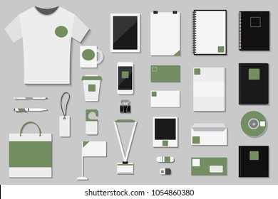 Brand identity template vector set business branding corporate mockup design with letter new branded envelope, card paper letterhead and notebook illustration isolated on background