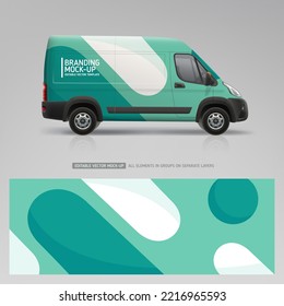Brand identity Van mockup and sticker wrap design. Delivery Van mockup. Branding vehicle graphics. Abstract graphics corporate identity background dsgn for company car. Easy editable vector template