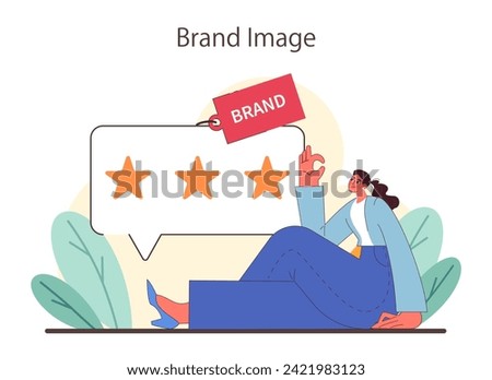 Brand Image concept. An individual interacts with a speech bubble rating, highlighting brand perception and customer feedback. Reflecting public brand opinions. Flat vector illustration