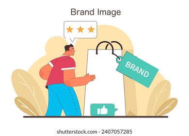 Brand image concept. A satisfied customer perceives the quality of a brand, symbolized by a shopping bag with a positive rating. Flat vector illustration