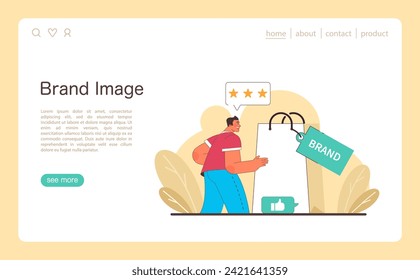 Brand image concept. A satisfied customer perceives the quality of a brand, symbolized by a shopping bag with a positive rating. Flat vector illustration