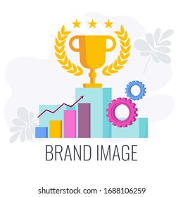 Brand image infographics pictogram. Cup for first place in competition. Strategy, management and marketing. Brand positioning statement. Flat vector illustration.